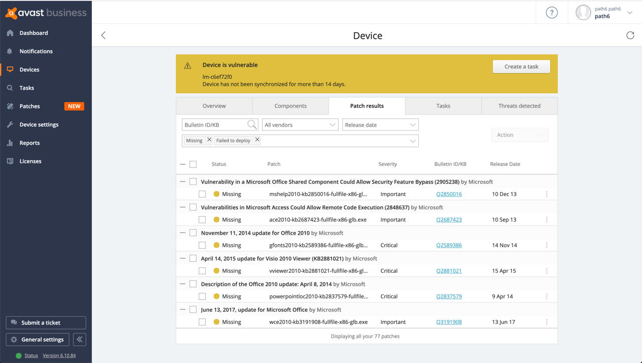 未適用のパッチ Avast Patch Management：アバスト パッチ管理