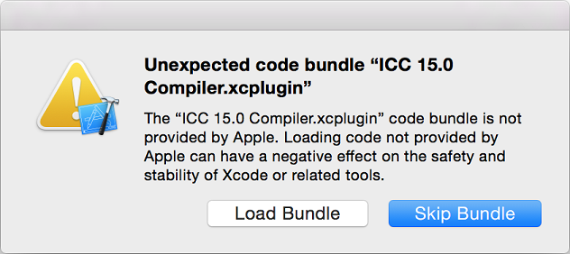 インテル コンパイラーの Xcode 統合 - Xcode 6.3.2 以降で表示されるダイアログ