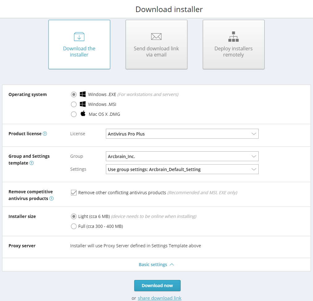 Avast Endpoint Protection:Avast Business Managed Antivirus/Pro/Pro Plus をダウンロードする画面